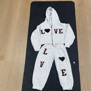 Girls' Light Gray LOVE Hoodie & Jogger Set - Cozy Sweatpants